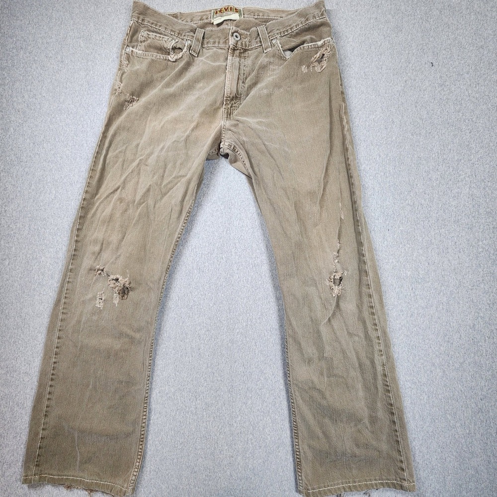 Levi's Slim Straight Jeans Mens 34x34 Tan Fair Distressed Thrashed Cotton Denim